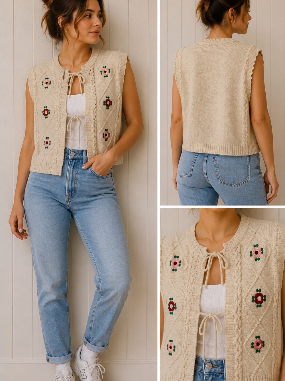 Sincerely Jules Cream Cable Knit Floral Embroidered Tie-Front Sweater Vest